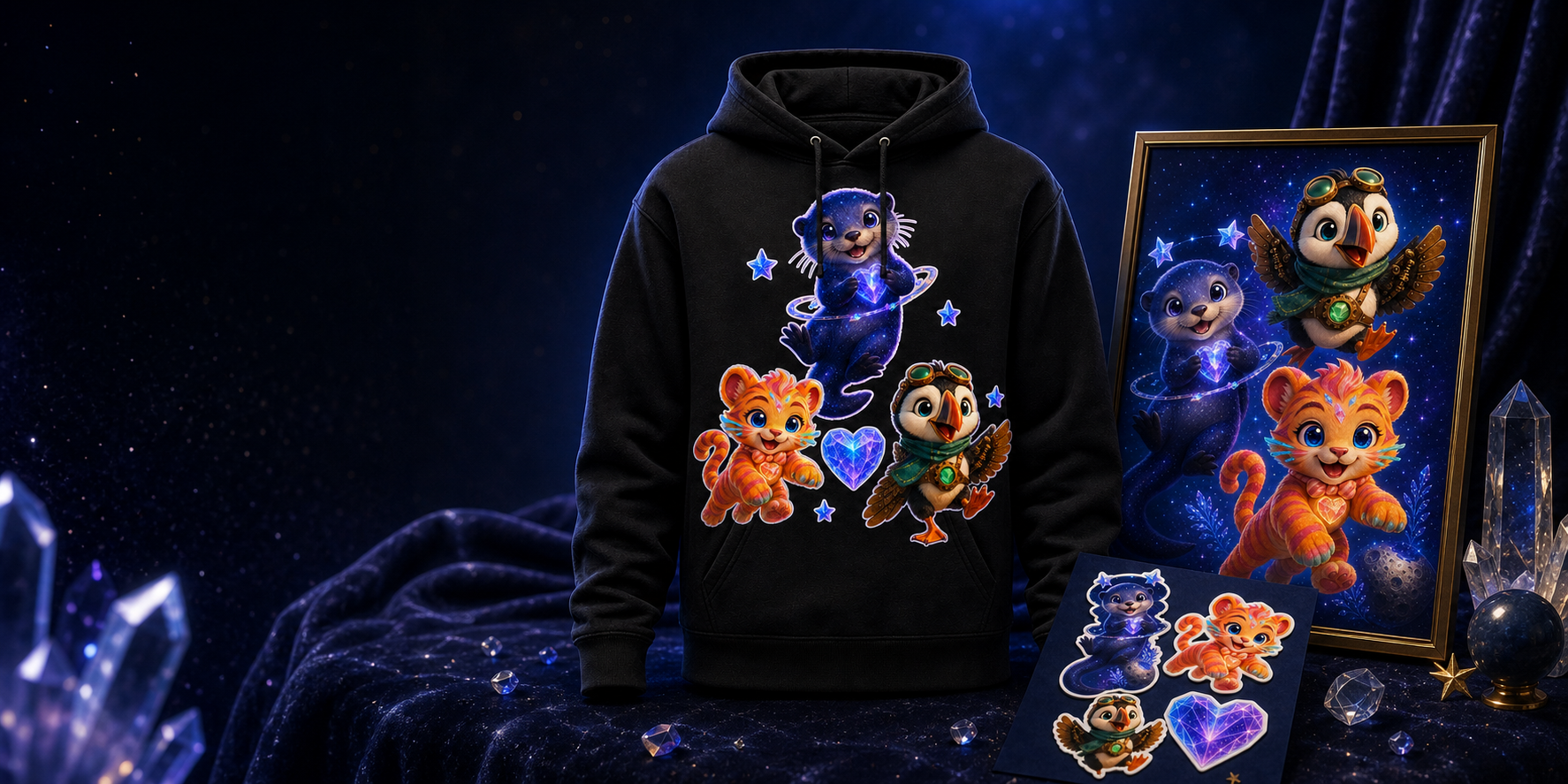 Shardlings Founding Collection featuring the official hoodie, sticker sheet, and First Resonance art print