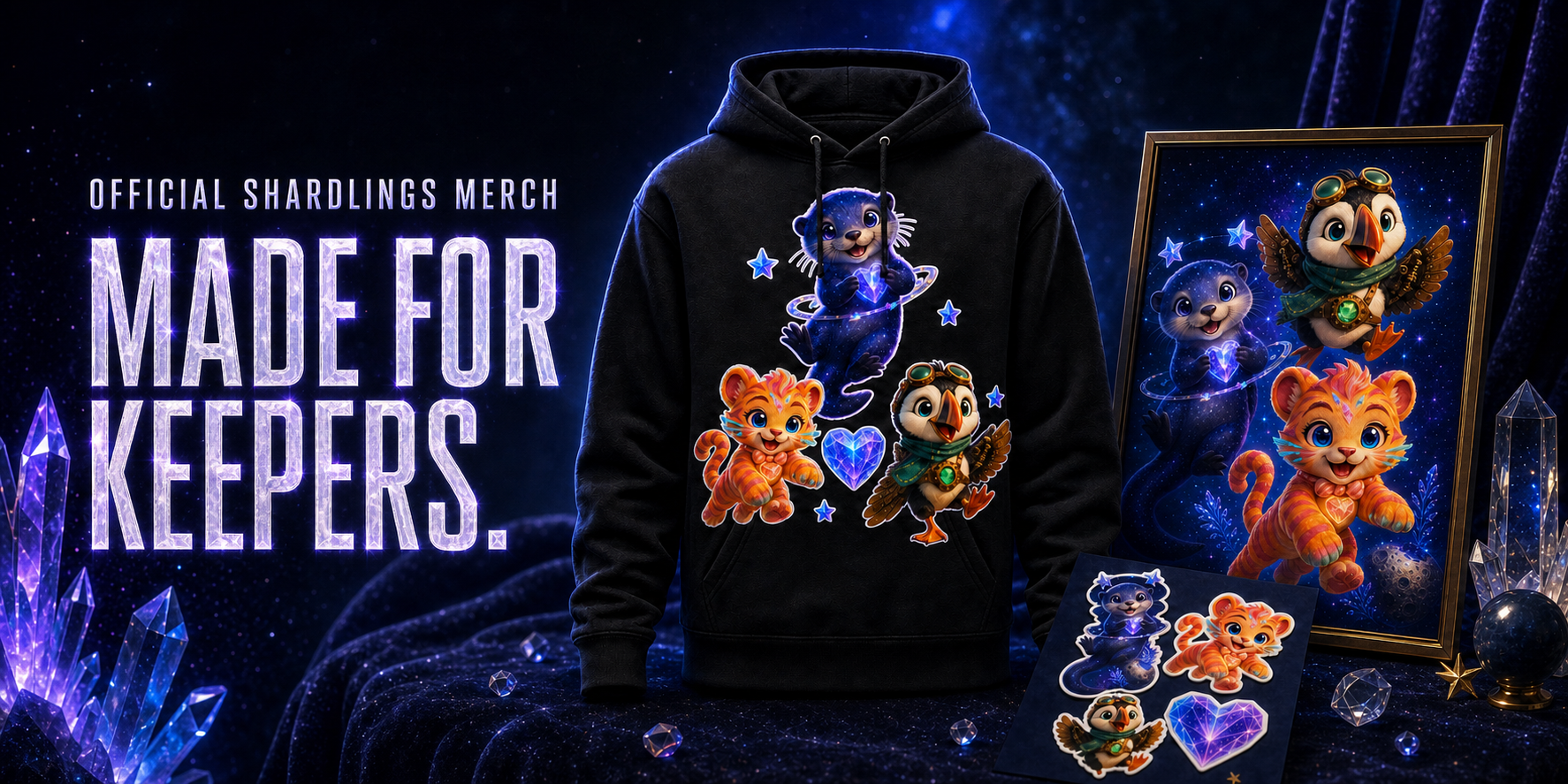 Official Shardlings merchandise campaign featuring the Founding Trio hoodie, framed art, and stickers